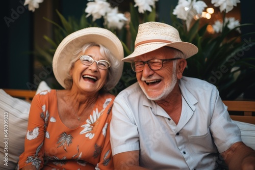 photo of a cute old people couple laughing and having fun in the retirement house. couple with grey hair glasses and hat