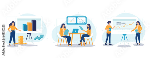 Business activities concept isolated person situations. Collection of scenes with people perform tasks, analyze data, develop project, success strategy. Vector illustration in flat design	
