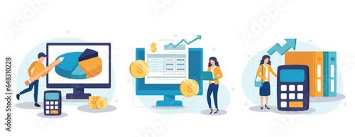 Budget bookkeeping illustration set. People doing paperwork. Characters accounting debit and credit, calculating bills and income taxes. Financial management concept. Vector illustration.	
 photo