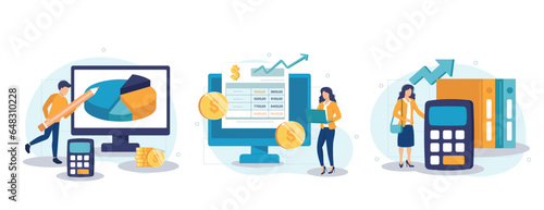 Budget bookkeeping illustration set. People doing paperwork. Characters accounting debit and credit, calculating bills and income taxes. Financial management concept. Vector illustration.	
