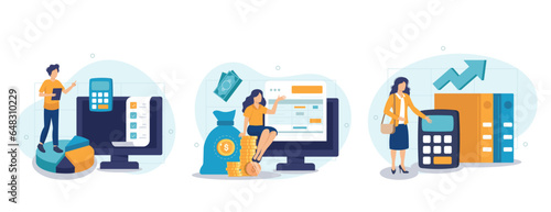 Budget bookkeeping illustration set. People doing paperwork. Characters accounting debit and credit, calculating bills and income taxes. Financial management concept. Vector illustration.	
