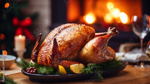 Turkey for thanksgiving, on a table, family meal, roasted chicken, christmas lights in the background, sharing a meal, fireplace, homemade family dish, grilled poultry, christmas meal, lunch, food