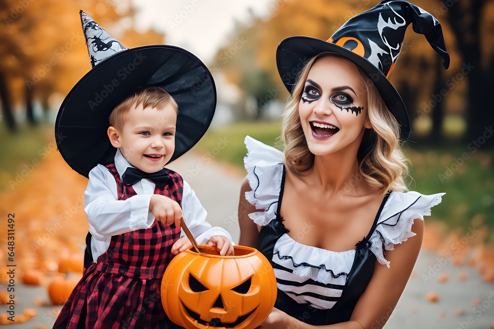 Fototapeta premium young mother and her son happy preparing costumes to celebrate halloween, concept Religion and Culture, generative ai 