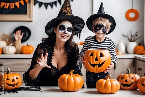 young mother and her son happy preparing costumes to celebrate halloween, concept Religion and Culture, generative ai	