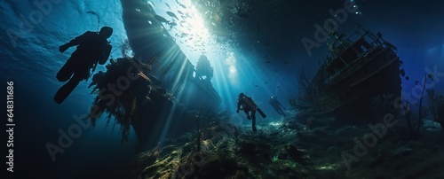 shipwreck scuba drivers through tunnel under the ocean with old sunk ship wreckage undersea life wonders documentary as wide banner design with big copyspace area photo