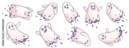 Set of cute ghost characters. Vector graphics.