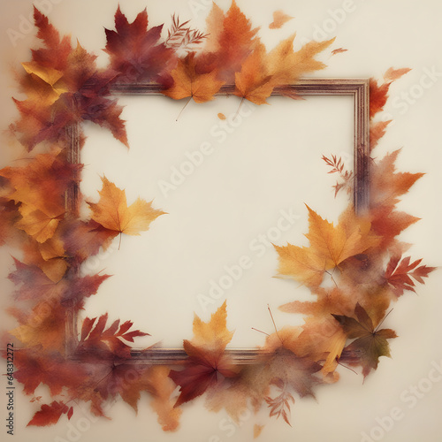 Wooden frame with autumn leaves. Generate AI