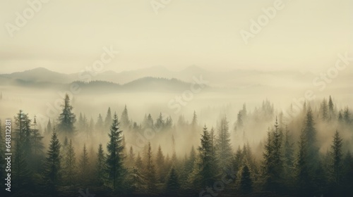 Nature background - a foggy forest with dense trees creating a serene and mysterious atmosphere © mattegg