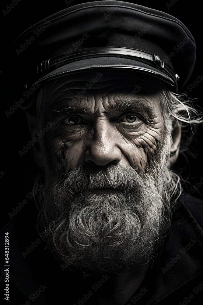 Black and white illustration of an old sea captain in high contrast ...