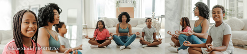 Collage, positive excited children and mother sitting in lotus position, doing exercises at home photo