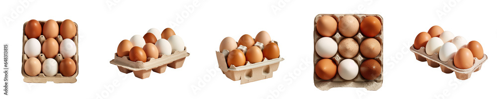 Png Set Eco friendly chicken eggs packaged in recycled paper cartons with brown and white eggs against a transparent background Png Set Eco friendly chicken eggs packaged in recycled paper cartons with brown and white eggs against a transparent background