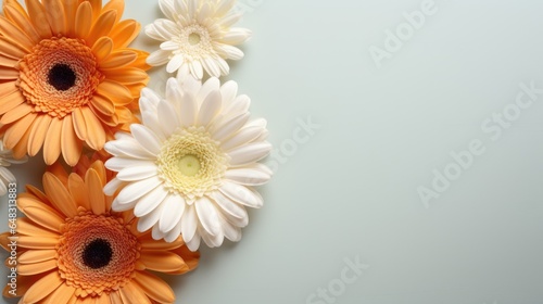 A group of flowers sitting on top of a white surface. Floral background with copy-space.