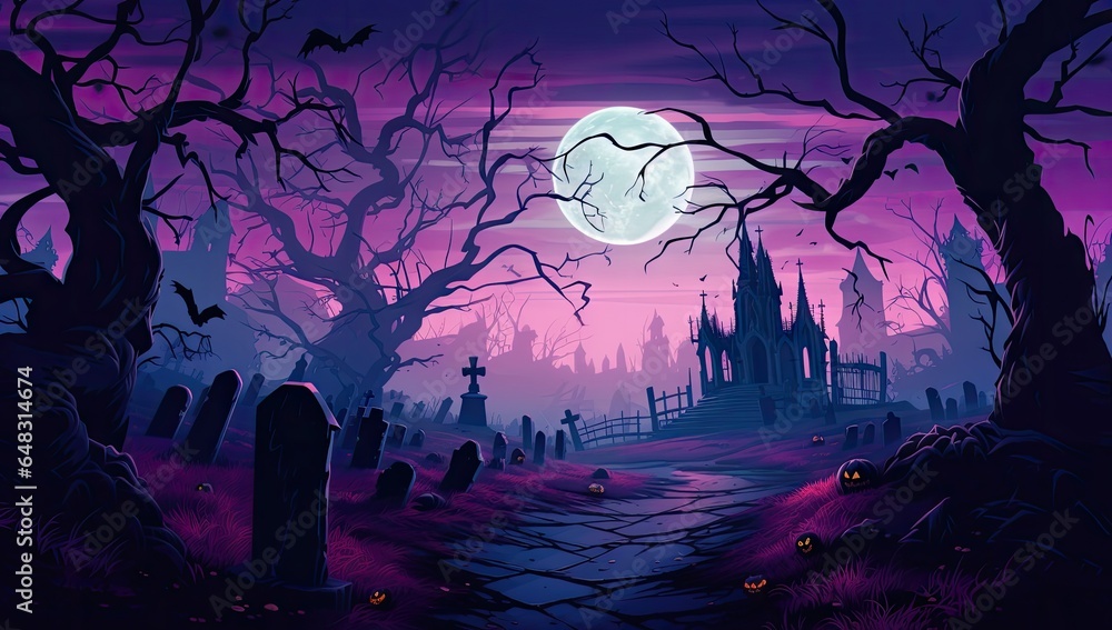 halloween graveyard background on purple full moon Generative AI
