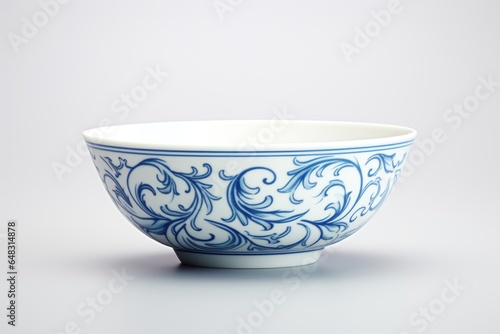A blue and white bowl sitting on top of a table. Photorealistic AI. Oriental style imaginary pottery.