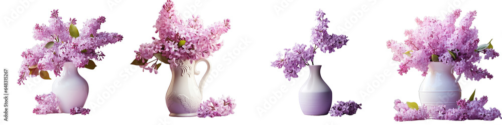Obraz premium Png Set Artistic arrangement with lilac blossoms in a white vase displayed outdoors during spring transparent background