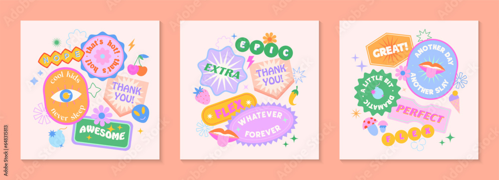 Vector set of cute templates with patches and stickers in 90s style.Modern symbols in y2k aesthetic with text.Trendy funky designs for banners; social media marketing; branding; packaging; covers