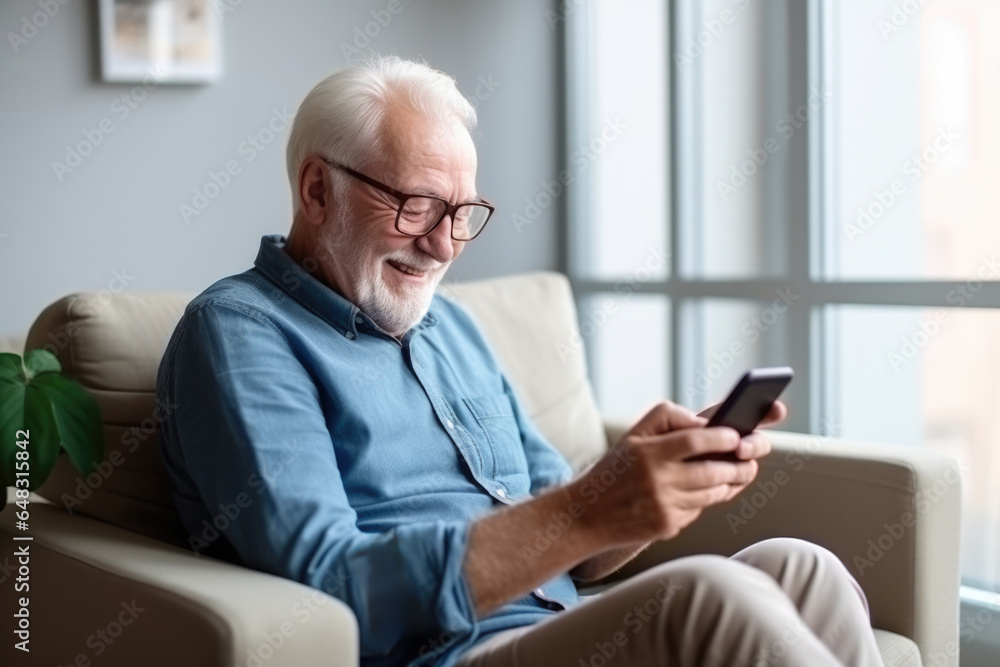 The elderly man is sitting on the couch to drink coffee and look at his phone The elderly man is sitting on the couch to drink coffee and look at his phone