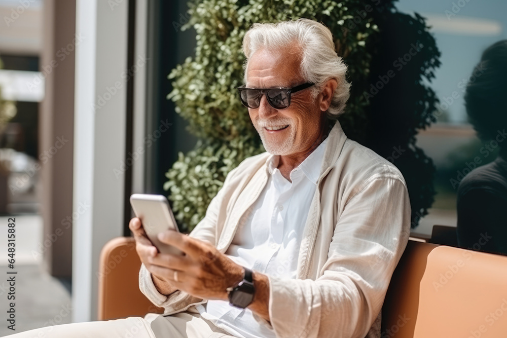 The elderly man is sitting on the couch to drink coffee and look at his phone The elderly man is sitting on the couch to drink coffee and look at his phone