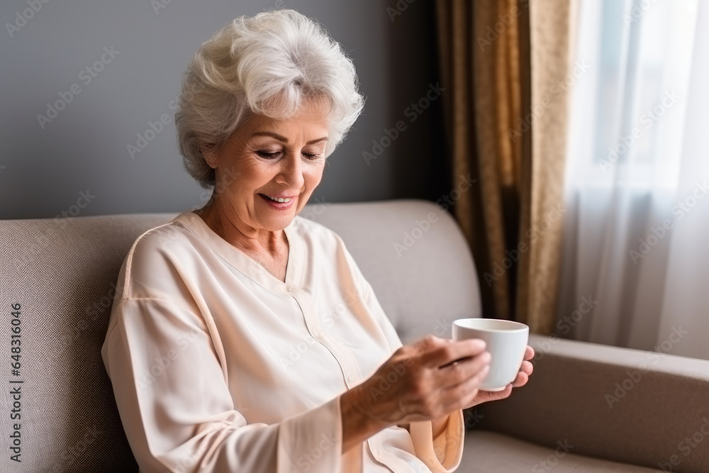 The elderly woman is sitting on the couch to drink coffee and look at her phone The elderly woman is sitting on the couch to drink coffee and look at her phone