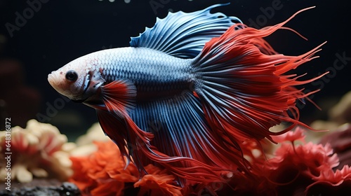 Beautiful Betta fish with long fins, Red blue and white color scheme. © visoot