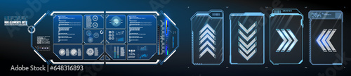 HUD UI design vector illustration Futuristic helmet or cockpit view in HUD, FUI style. Luminous visual display of vehicle technology. Future virtual sight, dashboard. 