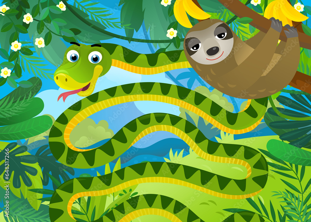 Naklejka premium cartoon scene with jungle animals snake and other being together illustration for children