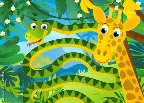 cartoon scene with jungle animals snake and other being together illustration for children © honeyflavour