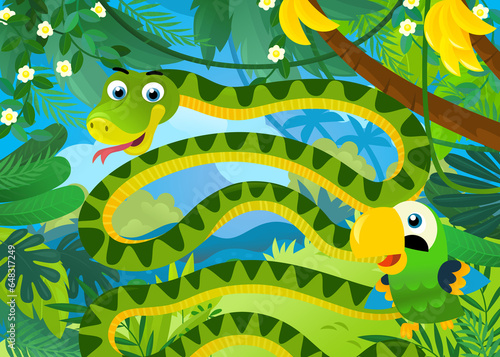 Fototapeta Naklejka Na Ścianę i Meble -  cartoon scene with jungle animals snake and other being together illustration for children