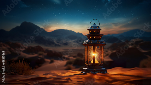 Illustration of a glowing lantern in the desert on dark night background. Ramadan Kareem celebration scene. Lantern celebrating the holy month in the Islamic calendar.