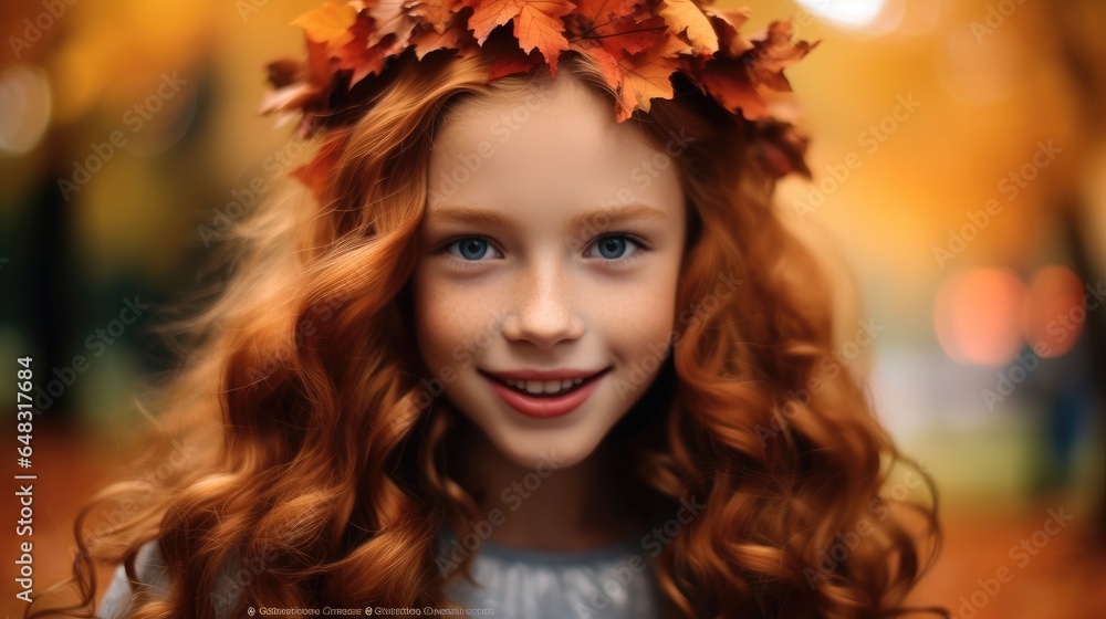 Gently smiling red haired little girl wearing a crown of colorful fall leaves.