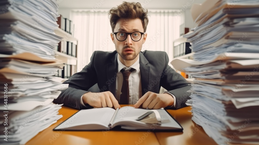 Tired accountant making calculations analyzing data, Business man in suit and glasses working at the desk on his workplace at office with pile of folders and stack of papers. - obrazy, fototapety, plakaty 