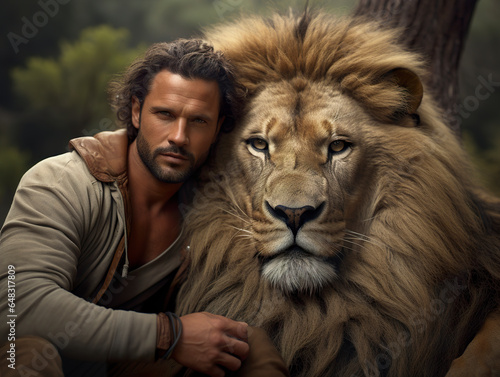 A majestic lion in a fascinating scene with a true lookalike of the feline. Great similarity between the lion and its owner in harmony and understanding in facial features. photo