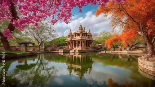 Concept of Jain temple and pond with colorful spring bloom in India, Generative AI image. photo