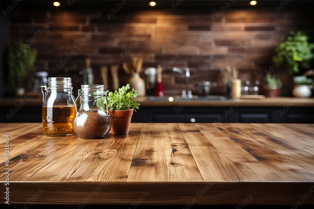 wooden Table background on blurred kitchen