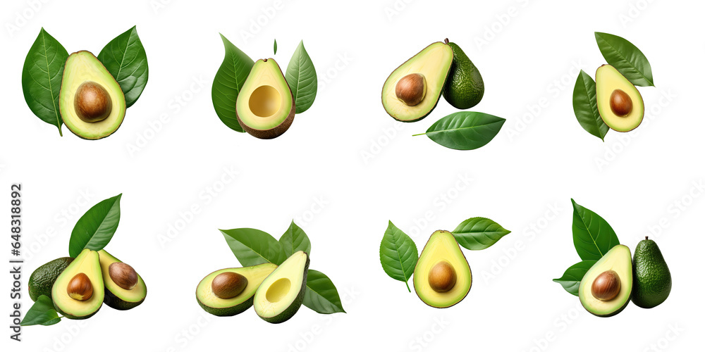 Png Set Half an avocado with green leaves isolated on a transparent background Png Set Half an avocado with green leaves isolated on a transparent background