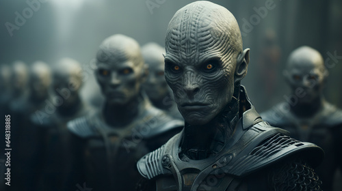 Abstract illustration of an army of reptilian alien soldiers wearing dark uniforms in foggy scenery. Weird-skinned reptilian alien soldiers ready for the challenge in dark gray colors. photo