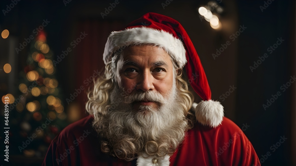 santa claus in front of christmas tree santa claus in front of christmas tree