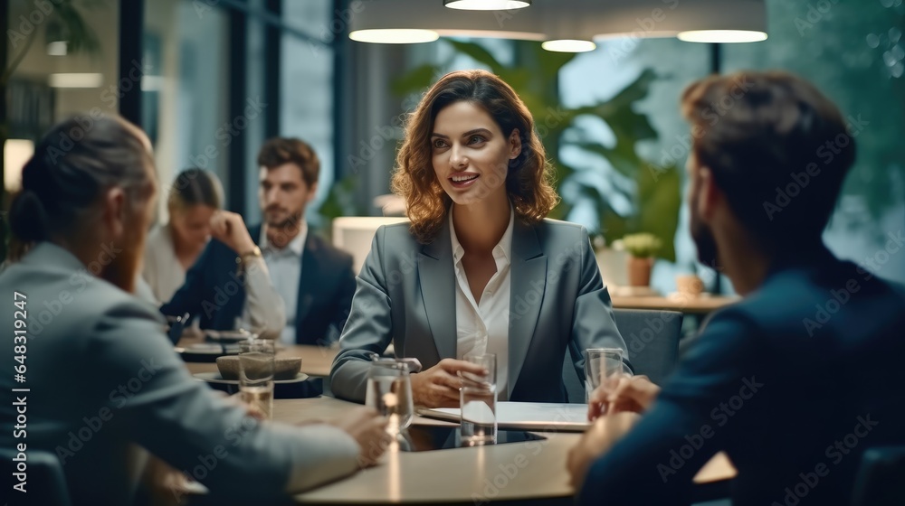 Business woman talking on presentation financial statistics at briefing in office. Business woman talking on presentation financial statistics at briefing in office.