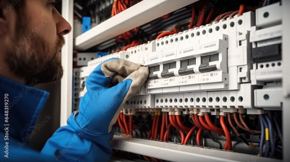 Technician checking fuse box in control room. Technician checking fuse box in control room.