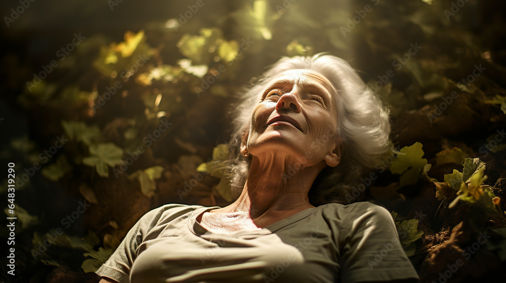 Fototapeta premium Illustration of an elderly woman lying on her back on the forest floor with sun rays touching her face in connection with nature. Elderly woman with a calm expression in soft, welcoming lighting.