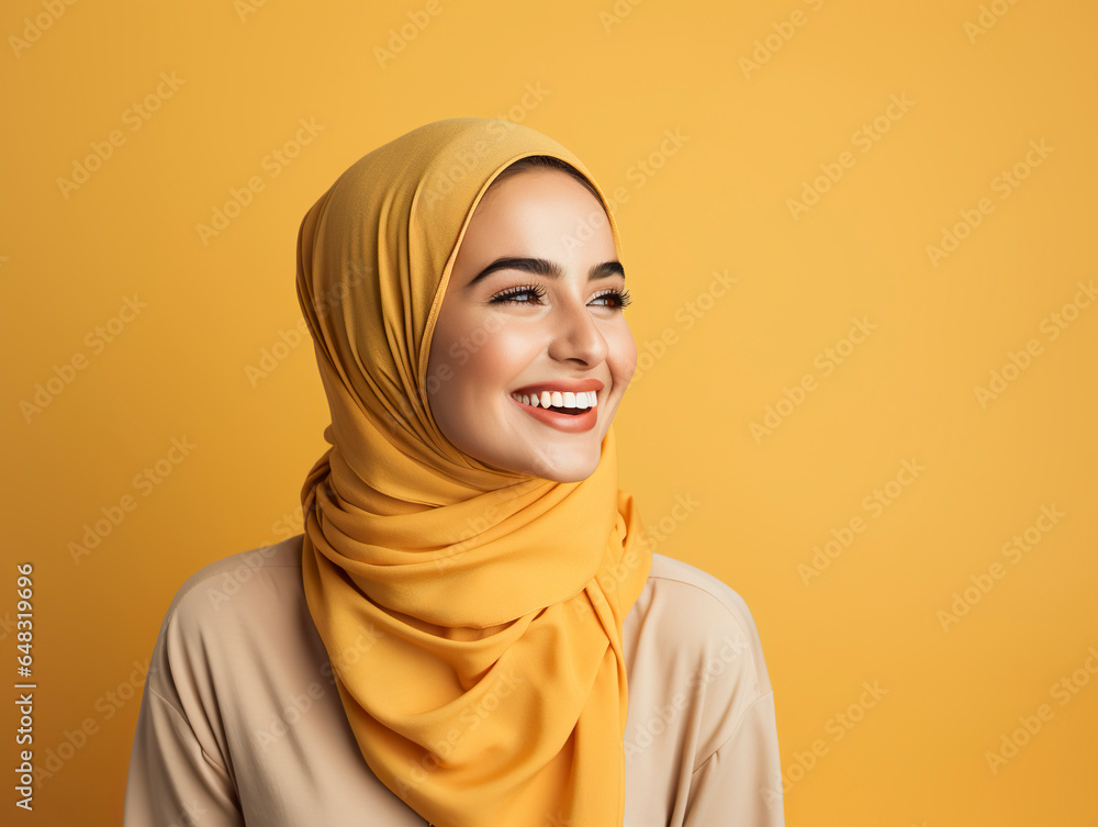Portrait of slender Middle Eastern woman wearing yellow scarf on her head radiating joy. Beautiful Arab woman with a contagious laugh and vivid beauty. Portrait of slender Middle Eastern woman wearing yellow scarf on her head radiating joy. Beautiful Arab woman with a contagious laugh and vivid beauty.