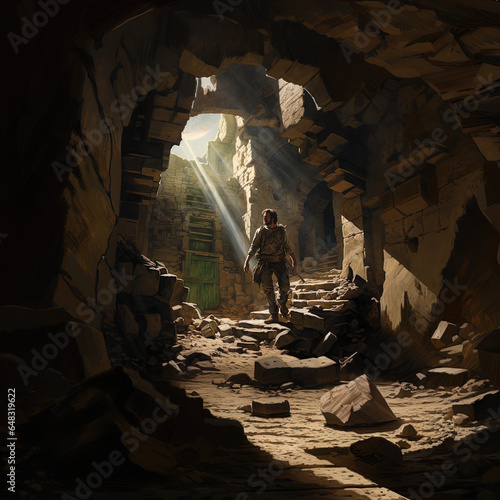 The image depicts an illustrated scene of what appears to be an explorer or adventurer standing inside a sunlit ancient ruin. Large beams of light filter in through an opening in the ceiling, illumina