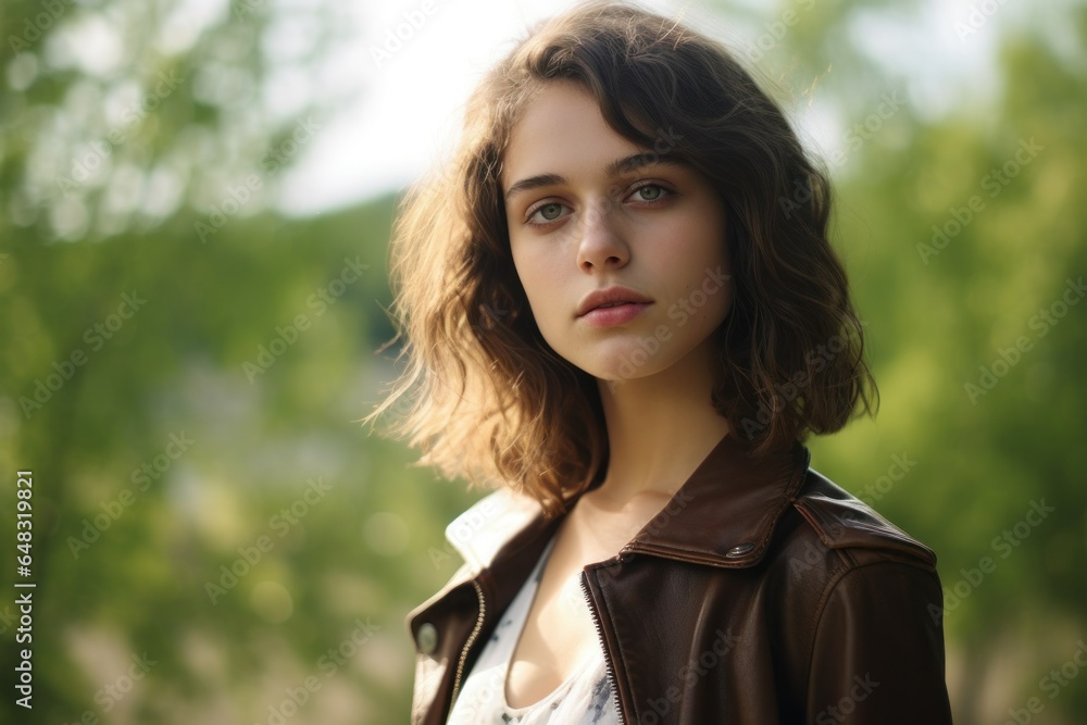 Portrait of a Fictional Young Brunette Woman Posing Outdoors. Generative AI. Portrait of a Fictional Young Brunette Woman Posing Outdoors. Generative AI.