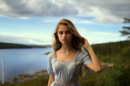 Portrait of a Fictional Young Brunette Woman Posing Outdoors. Generative AI.