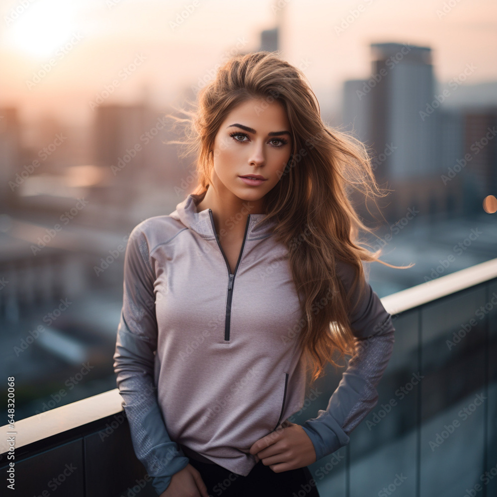 ai generated young beautiful woman in a sportswear on a blurred city background