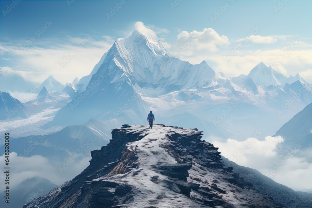 The image shows a breathtaking landscape with a solitary figure standing on the edge of a rocky cliff. The person is looking towards a majestic mountain peak that rises sharply into a clear blue sky.  - obrazy, fototapety, plakaty 