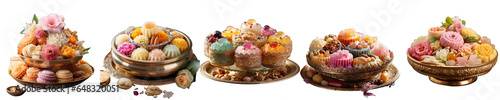 Png Set Arranging a variety of vibrant Thai desserts on a golden tray for a special occasion transparent background