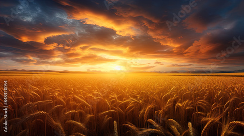 This is an image of a vast wheat field during sunset. The sky is dramatically lit with warm hues of orange, yellow, and red, with clouds scattered artistically across the sky, catching the warm light 
