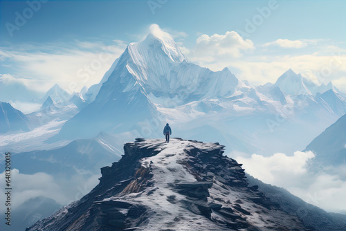 The image shows a breathtaking landscape with a solitary figure standing on the edge of a rocky cliff. The person is looking towards a majestic mountain peak that rises sharply into a clear blue sky. 