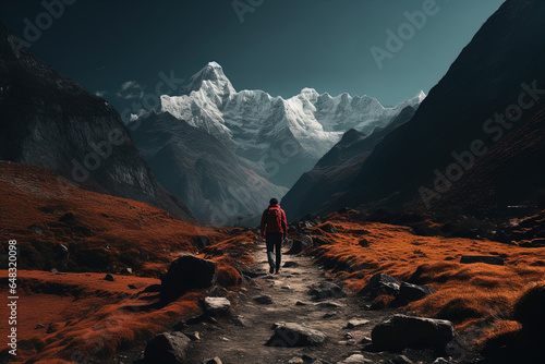 The image shows a person trekking in a mountainous region. The hiker is seen from behind, walking on a rocky path amidst vibrant orange grasses. The mountains are steep and towering, with the closest  photo